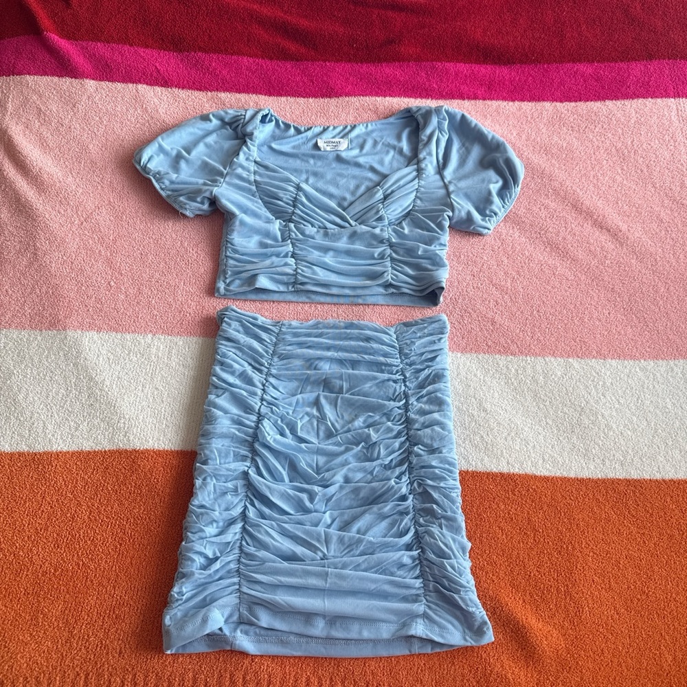 Light Blue Ruched Crop Top & Skirt Set